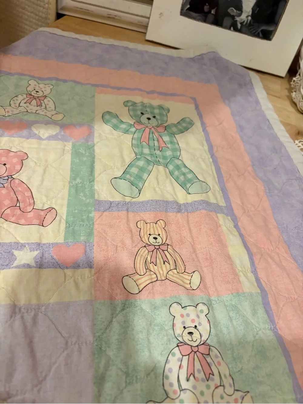 Vintage Pastel Teddy Bear Baby Quilt - Multi Pastel Colors